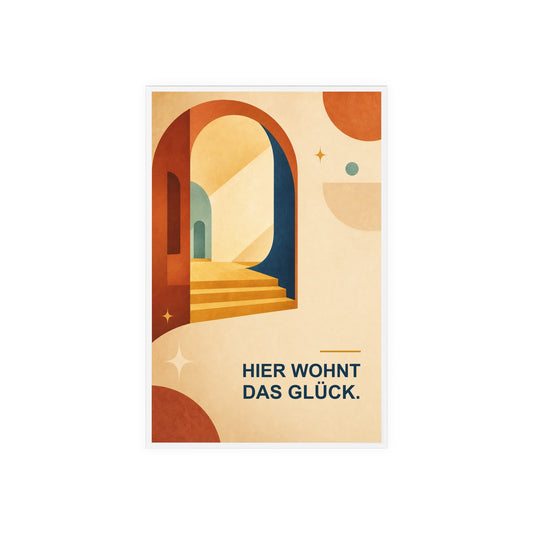 Acrylschild „Hier wohnt das Glück.“ mit Holzfuß – Warmes Retro-Home-Deko