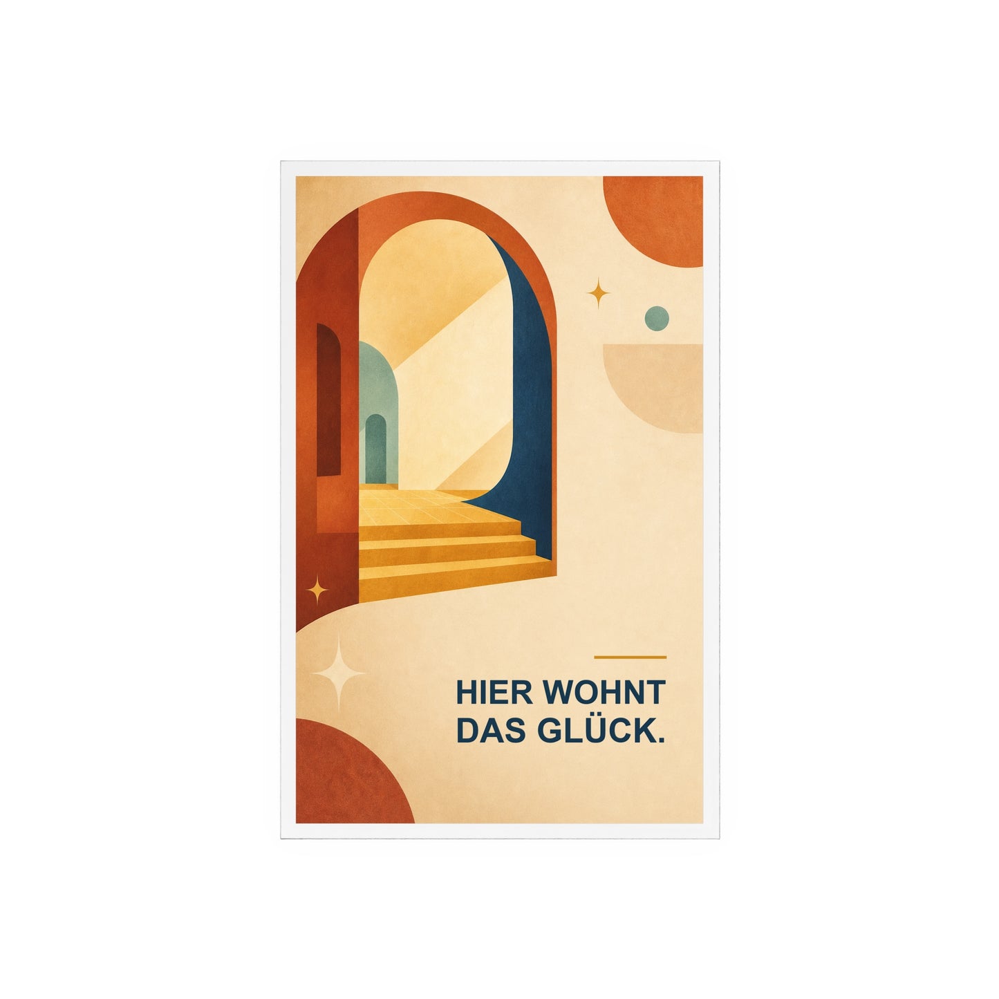Acrylschild „Hier wohnt das Glück.“ mit Holzfuß – Warmes Retro-Home-Deko