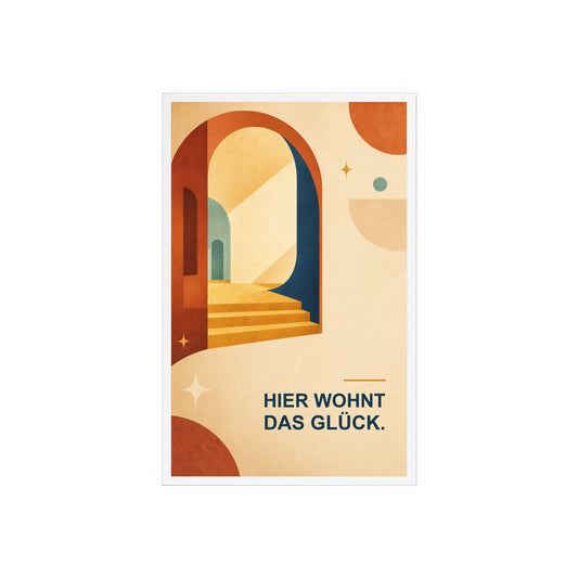 Acrylschild „Hier wohnt das Glück.“ mit Holzfuß – Warmes Retro-Home-Deko