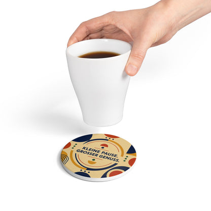 Ceramic Coaster — "Kleine Pause. Grosser Genuss." Retro Geometric Coffee Coaster