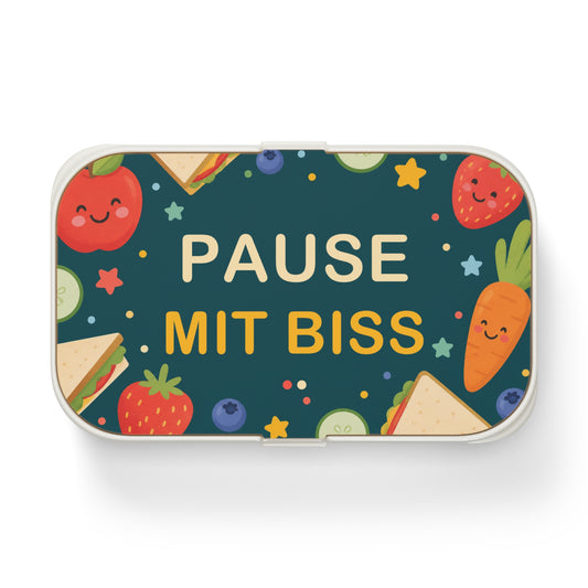 Bento Lunch Box „Pause mit Biss“ – Süßes Obst & Snack-Design, Silikon-Tablett mit Holzdeckel
