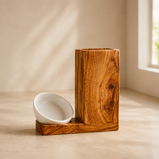 Utensilienhalter ALL-IN aus Olivenholz mit Keramik-Ablageschale