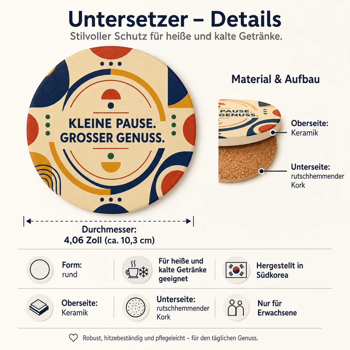 Ceramic Coaster — "Kleine Pause. Grosser Genuss." Retro Geometric Coffee Coaster