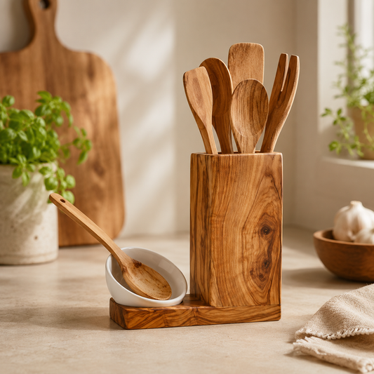 Utensilienhalter ALL-IN aus Olivenholz mit Keramik-Ablageschale