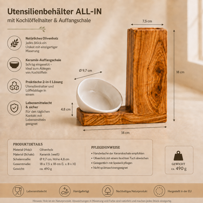 Utensilienhalter ALL-IN aus Olivenholz mit Keramik-Ablageschale