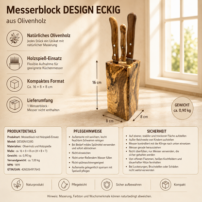 Messerblock DESIGN ECKIG aus Olivenholz