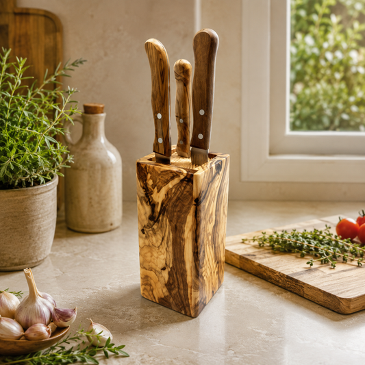 Messerblock DESIGN ECKIG aus Olivenholz