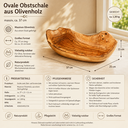 Ovale Obstschale aus massivem Olivenholz, ca. 37 cm