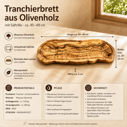 Tranchierbrett aus Olivenholz mit Saftrille, ca. 45–49 cm