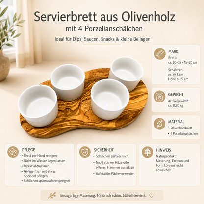 Servierbrett für Dips aus Olivenholz mit 4 Porzellanschälchen